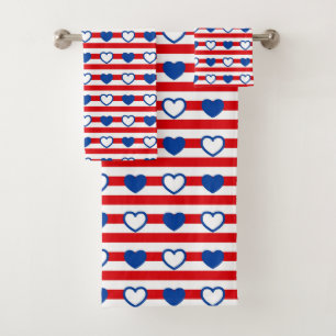 Red White and Blue Hearts and Stripes  Bath Towel Set