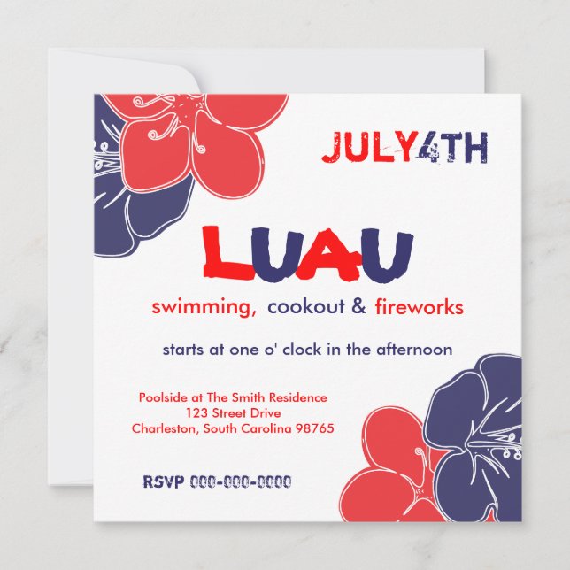 Red, White and Blue Hibiscus Flowers Invitation (Front)