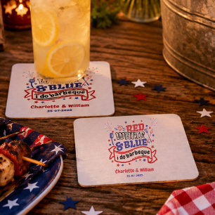 Red White and Blue i do BBQ Couple Bridal shower  Square Paper Coaster