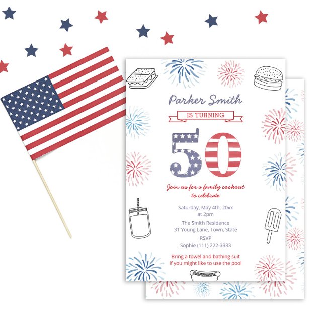 Red White And Blue Joint 50th Birthday Party Invitation (Patriotic Red White And Blue Fireworks 50th Birthday Party Invitation For Holiday Weekend)