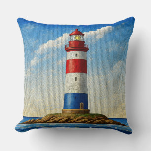 Red, White, and Blue Lighthouse Mosaic Pattern Cushion