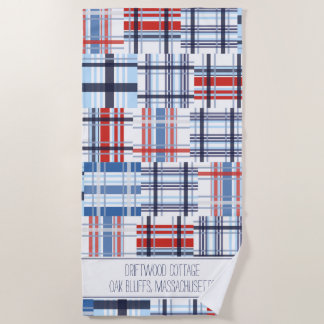 Red, White and Blue Madras Beach Towel with Text