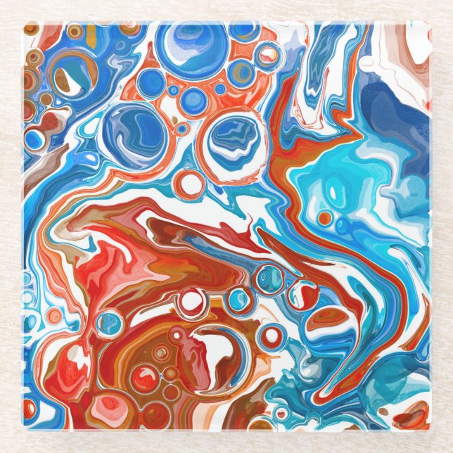 Red, White and Blue Marble Fluid Art   Glass Coaster (Front)