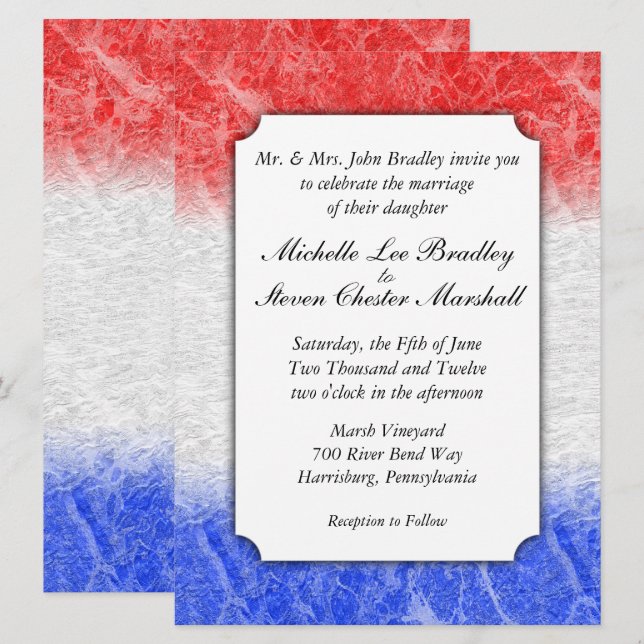 Red White and Blue Marble Wedding Invitations (Front/Back)