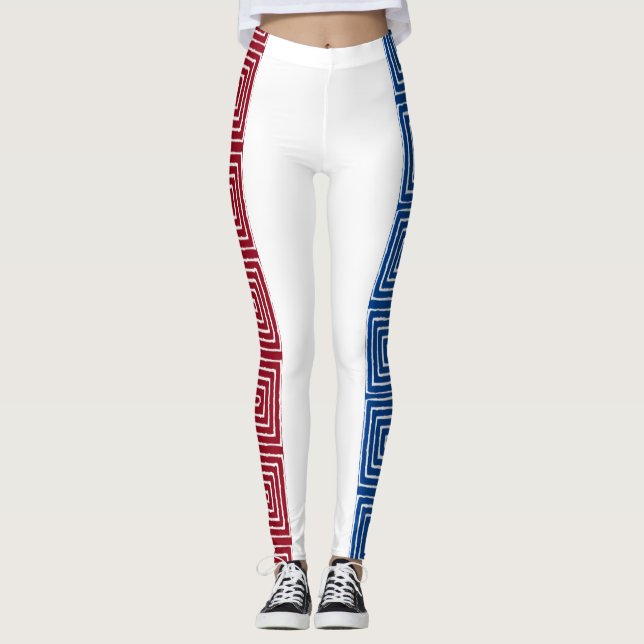 Red White and Blue Maze African Mud Cloth Leggings (Front)