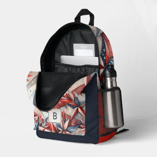 Red White and Blue Monogram Printed Backpack (Back Corner Right (Open))