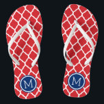 Red White and Blue Moroccan Quatrefoil Monogram Flip Flops<br><div class="desc">Custom printed flip flop sandals with a stylish Moroccan quatrefoil pattern and your custom monogram or other text in a circle frame. Click Customise It to change text fonts and colours or add your own images to create a unique one of a kind design!</div>
