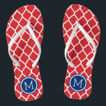 Red White and Blue Moroccan Quatrefoil Monogram Flip Flops<br><div class="desc">Custom printed flip flop sandals with a stylish Moroccan quatrefoil pattern and your custom monogram or other text in a circle frame. Click Customise It to change text fonts and colours or add your own images to create a unique one of a kind design!</div>