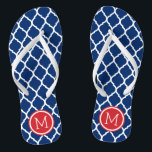 Red White and Blue Moroccan Quatrefoil Monogram Flip Flops<br><div class="desc">Custom printed flip flop sandals with a stylish Moroccan quatrefoil pattern and your custom monogram or other text in a circle frame. Click Customise It to change text fonts and colours or add your own images to create a unique one of a kind design!</div>