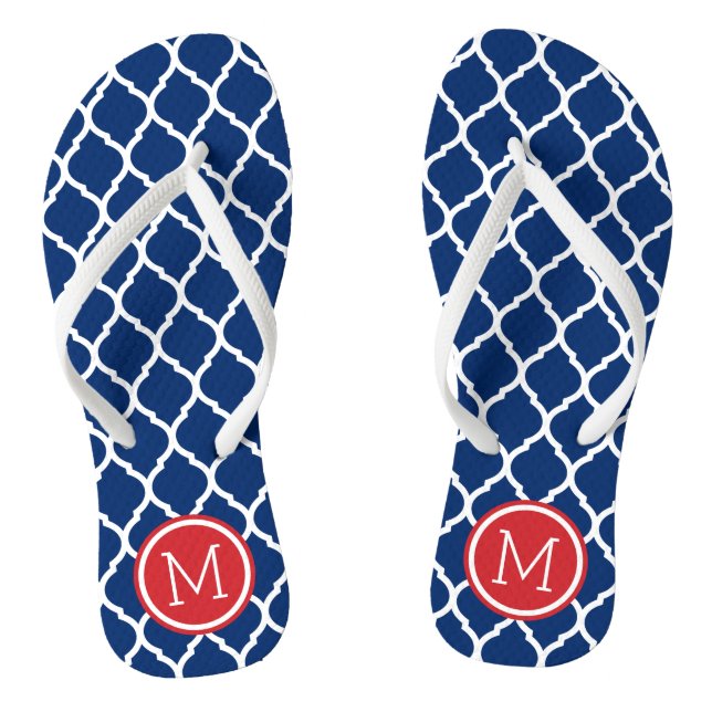 Red White and Blue Moroccan Quatrefoil Monogram Flip Flops (Footbed)