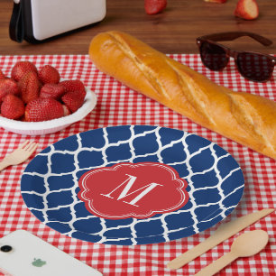 Red White and Blue Moroccan Quatrefoil Monogram Paper Plate