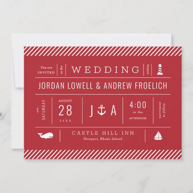 Red White and Blue Nautical Beach Wedding Announcement (Front)
