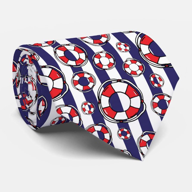 Red White and Blue Nautical Lifebelts Patterned Tie (Rolled)