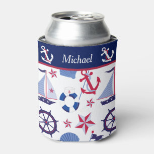 Red White and Blue Nautical Monogram Can Cooler