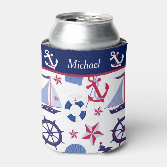 Red White and Blue Nautical Monogram Can Cooler (Can Front)