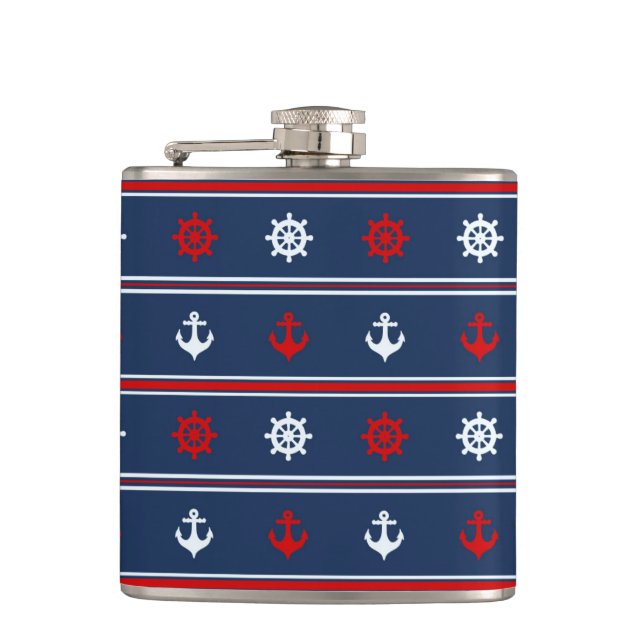 Red White And Blue Nautical Pattern Hip Flask (Front)