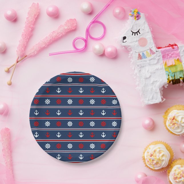 Red White And Blue Nautical Pattern Paper Plate (Party)