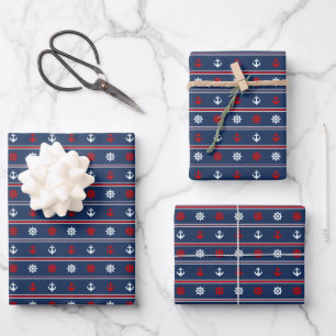 Red White And Blue Nautical Pattern Wrapping Paper Sheet