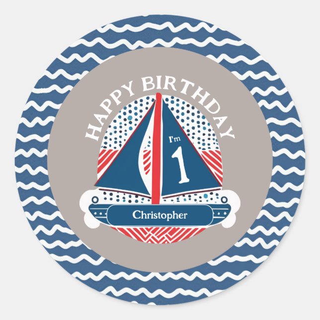 Red White and Blue Nautical Sailboat Birthday  Classic Round Sticker (Front)