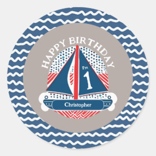 Red White and Blue Nautical Sailboat Birthday  Classic Round Sticker