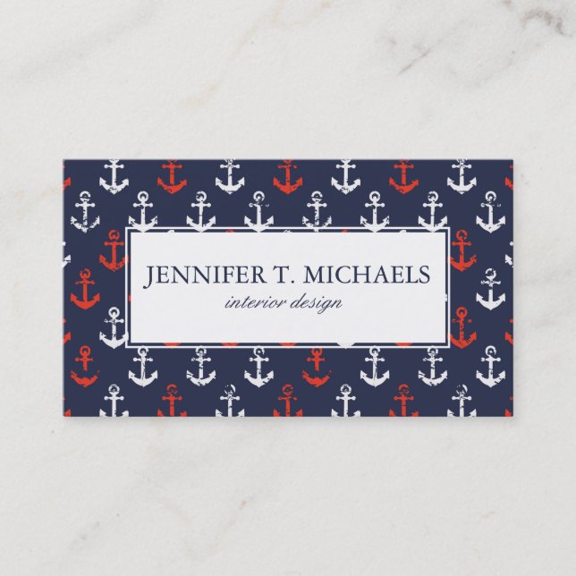Red White And Blue Navy Pattern Business Card (Front)