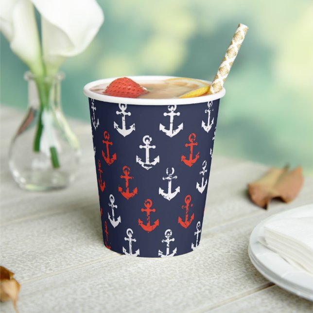 Red White And Blue Navy Pattern Paper Cups (Insitu)