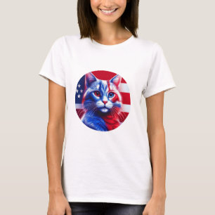 Red White And Blue Neon Cat With Anerican Flag T-Shirt