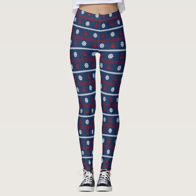 Red White And Blue Ocean Pattern Leggings (Front)