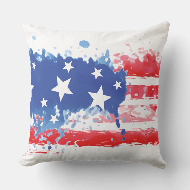 Red White and Blue Paint Splatter American Flag Cushion (Front)
