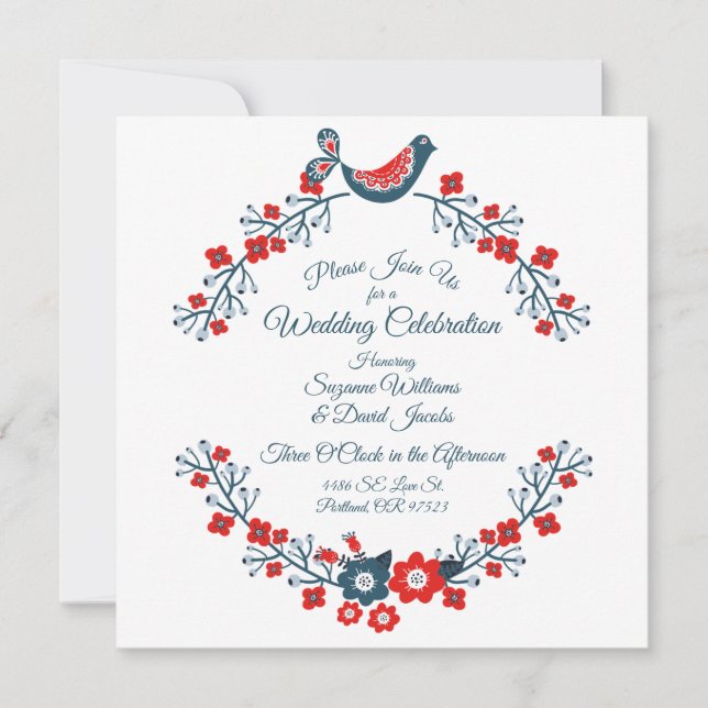 Red White and Blue Paisley Love Birds Wedding Invitation (Front)