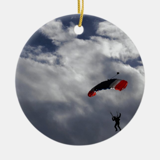 Red white and Blue Parachute with clouds Ceramic Tree Decoration (Front)