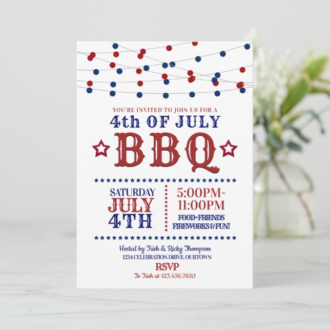 Red, White and Blue Party Lights 4th of July Party Invitation (Standing Front)