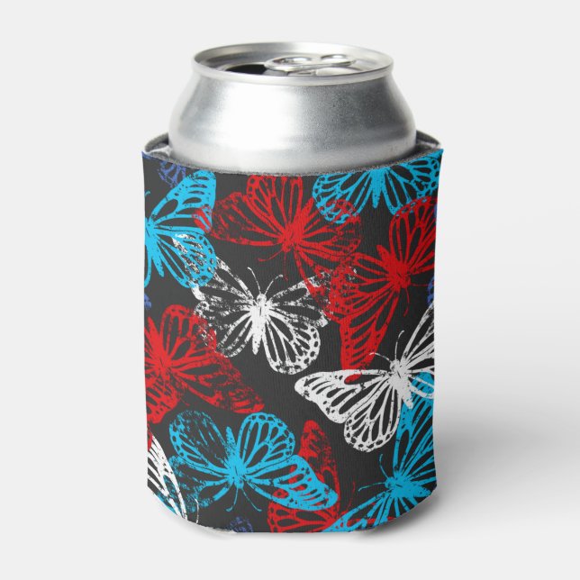 Red White and Blue Patriotic Butterfly Pattern Can Cooler (Can Front)