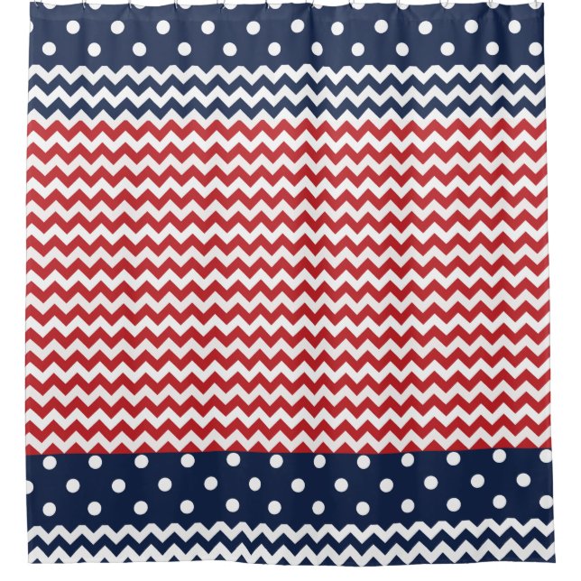 Red White and Blue Patriotic Chevron and Dots Shower Curtain (Front)