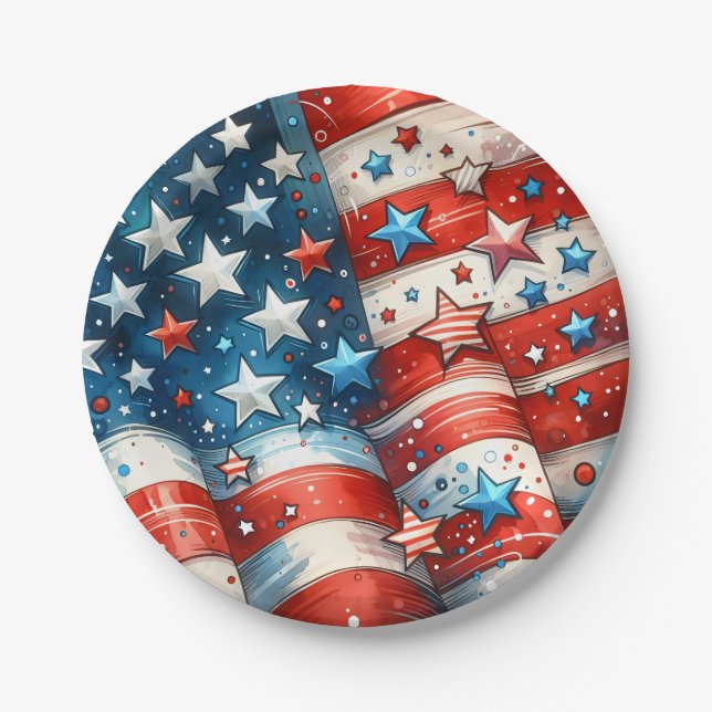 Red, White and Blue Patriotic Fourth of July Party Paper Plate (Front)