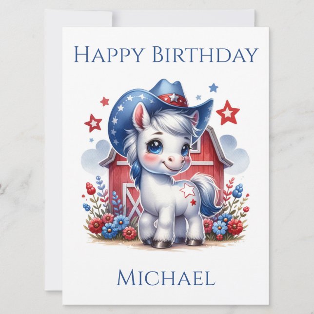Red, White, and Blue Patriotic Pony Birthday Card (Front)