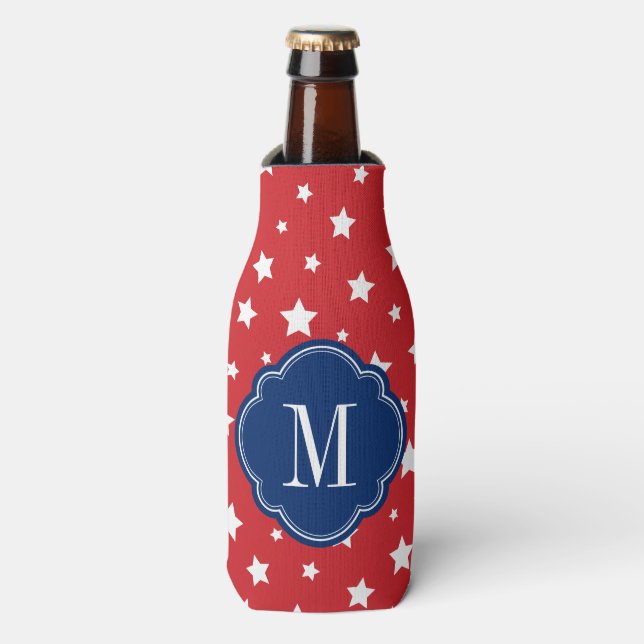 Red White and Blue Patriotic Stars Monogram Bottle Cooler (Bottle Front)