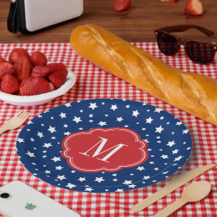 Red White and Blue Patriotic Stars Monogram Paper Plate