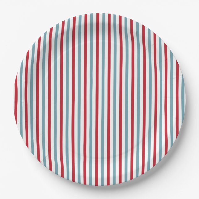 Red White and Blue Patriotic Stripe Pattern Paper Plate (Front)