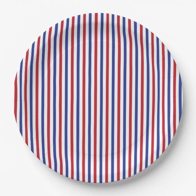 Red White and Blue Patriotic Stripe Pattern Paper Plate (Front)