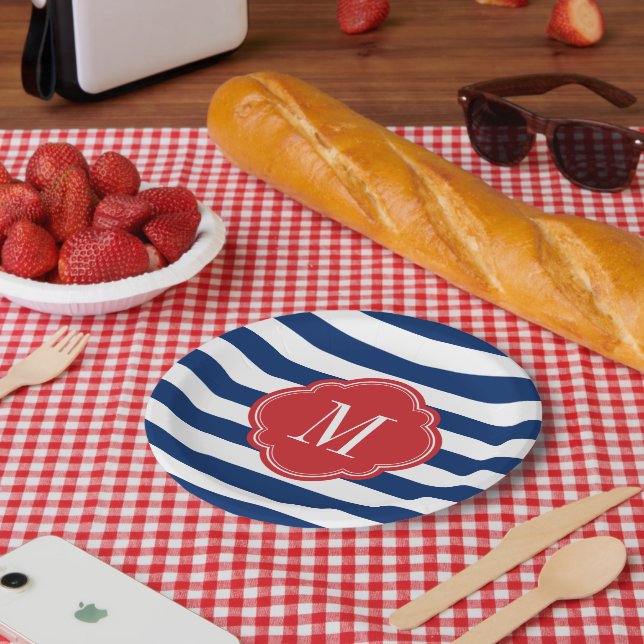 Red White and Blue Patriotic Stripes Monogram Paper Plate (Picnic)