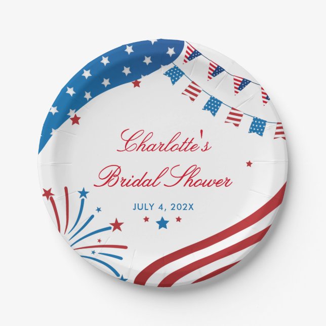 Red White and Blue Patriotic Summer Bridal Shower Paper Plate (Front)