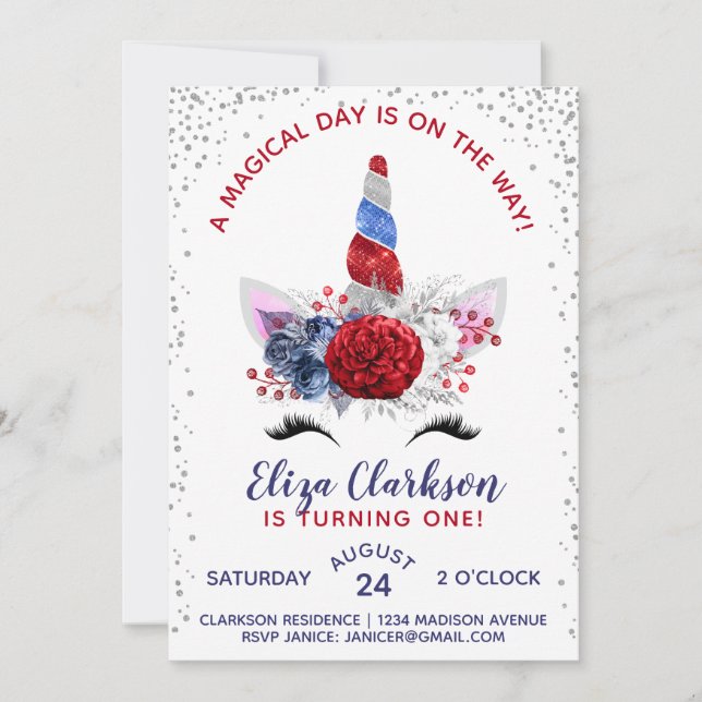Red, White and Blue Patriotic Unicorn Birthday Invitation (Front)