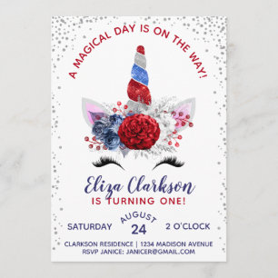 Red, White and Blue Patriotic Unicorn Birthday Invitation