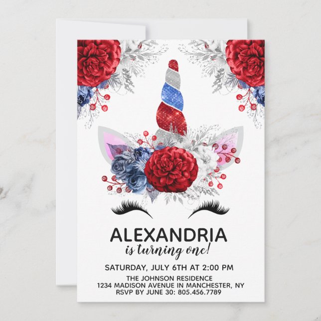 Red, White and Blue Patriotic Unicorn Birthday Invitation (Front)