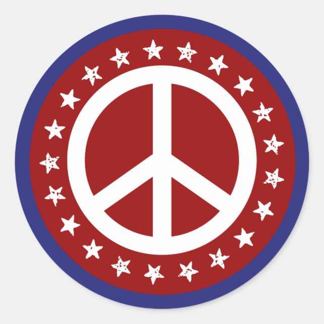 Red White and Blue Peace Sign and Stars Classic Round Sticker (Front)