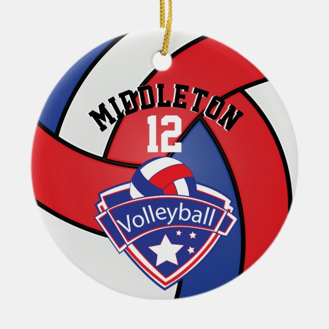 🏐 Red, White and Blue Personalise Volleyball Ceramic Tree Decoration (Front)