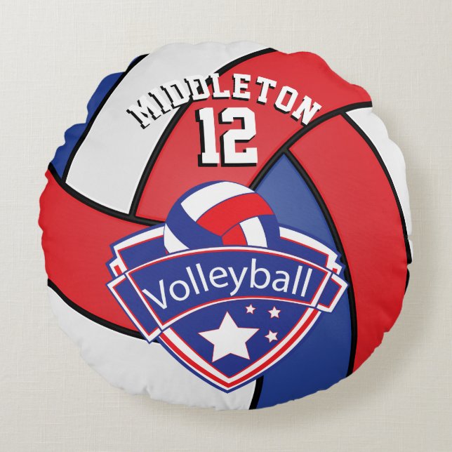 Red, White and Blue Personalise Volleyball Round Cushion (Front)