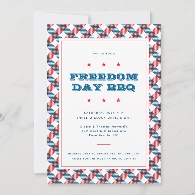Red White and Blue Plaid Fourth of July BBQ Invitation (Front)