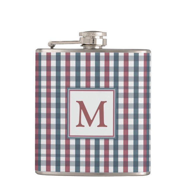 Red, White and Blue Plaid Monogram Hip Flask (Front)